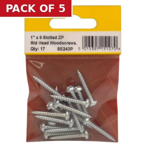1" x 6 ZP Round Head Woodscrews (Pack of 17) - Pack of 5