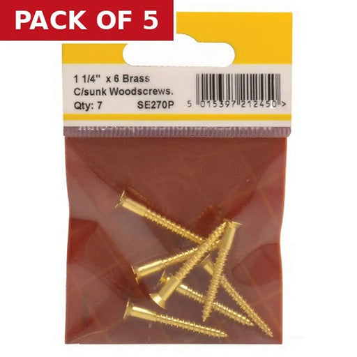 1 1/4" x 6 Slotted Brass Woodscrew - Countersunk Head - (Pack of 7) - Pack of 5