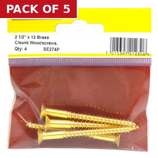 2 1/2" x 12 Slotted Brass Woodscrew - Countersunk Head - (Pack of 4) - Pack of 5