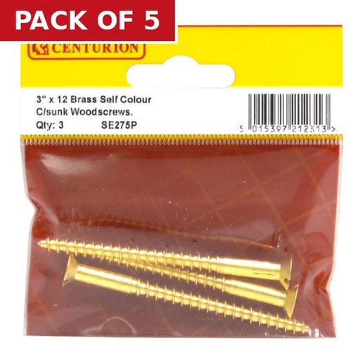 3" x 12 Slotted Brass Woodscrew - Countersunk Head - (Pack of 3) - Pack of 5