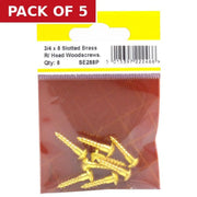 3/4" x 8 Slotted Round Head Woodscrew - Solid Brass - (Pack of 8) - Pack of 5