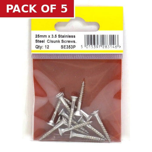 3.5mm x 25mm Stainless Steel Chipboard Screws CRCS Head Countersunk - Pack of 5