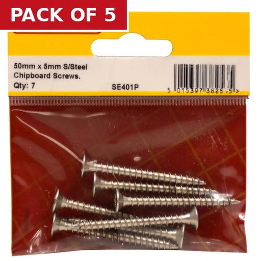 5mm x 50mm Stainless Steel Chipboard Screws CRCS Head Countersunk - Pack of 5