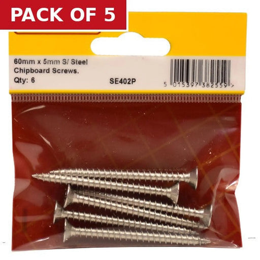 5mm x 60mm Stainless Steel Chipboard Screws CRCS Head Countersunk - Pack of 5