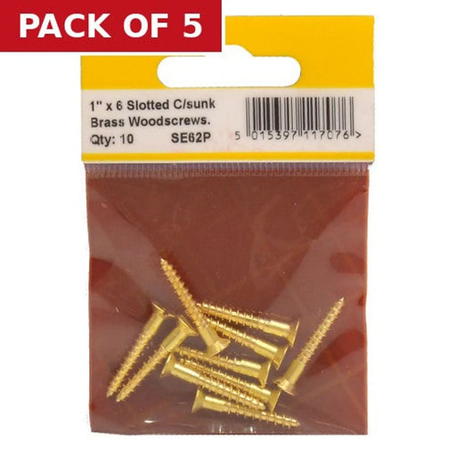 1" x 6 Slotted Brass Woodscrew - Countersunk Head - (Pack of 10) - Pack of 5