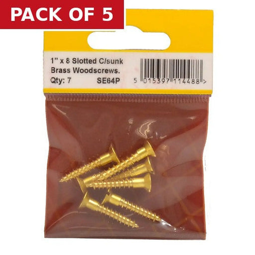 1" x 8 Slotted Brass Woodscrew - Countersunk Head - (Pack of 7) - Pack of 5