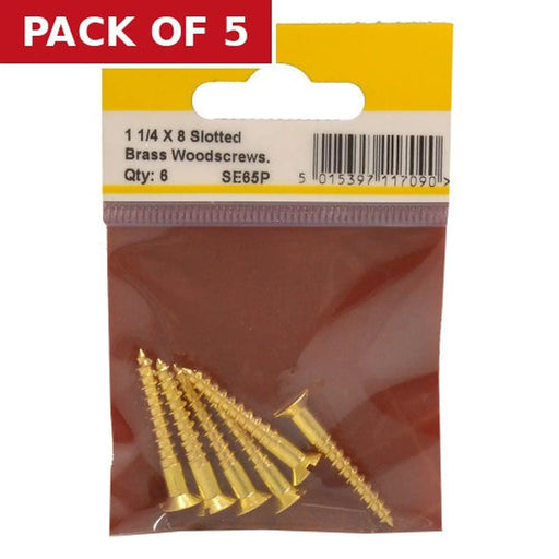 1 1/4" x 8 Slotted Brass Woodscrew - Countersunk Head - (Pack of 6) - Pack of 5