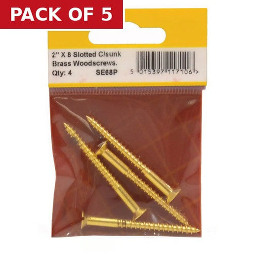 2" x 8 Slotted Brass Woodscrew - Countersunk Head - (Pack of 4) - Pack of 5