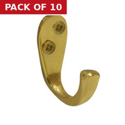Solid Brass Single Wardrobe Hook - Polished Brass - Pack of 10