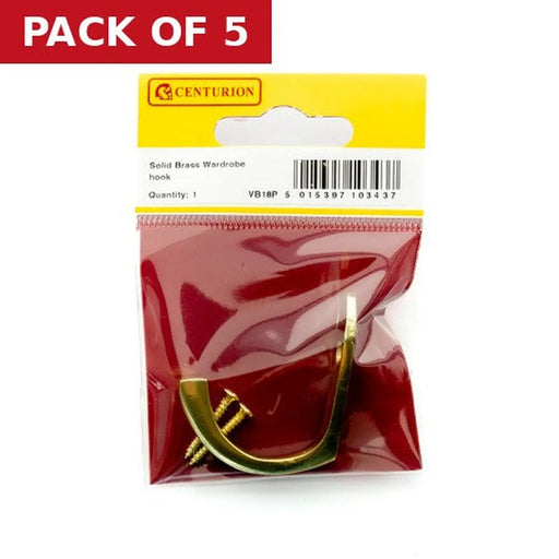 Solid Brass Single Wardrobe Hook - Polished Brass - Pack Qty 1 - Pack of 5