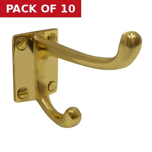100mm School Style Solid Brass Hat & Coat Hook - Polished Brass - Pack of 10