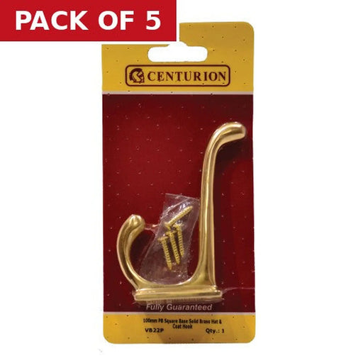 100mm School Style Solid Brass Hat & Coat Hook - Polished Brass - - Pack of 5