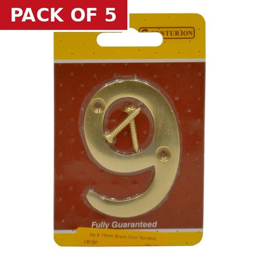 No.9 Solid Brass Door Numbers and Letters, 75mm - Pack of 5