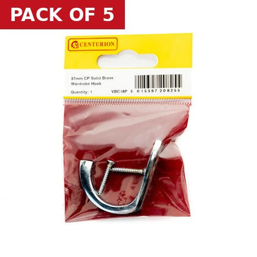 50mm Solid Brass Single Wardrobe Hook - Chrome Plated - Pack Qty 1 - Pack of 5