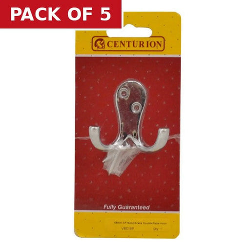 75mm Solid Brass Double Robe Hook - Chrome Plated - Pack Qty 1 - Pack of 5