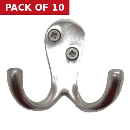 50mm Solid Brass Double Robe Hook - Satin Chrome - Pack of 10