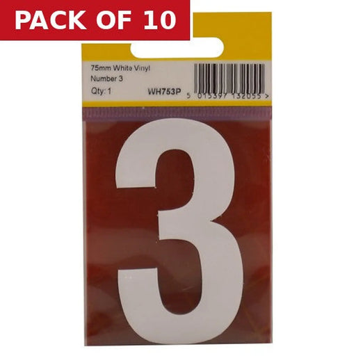 75mm White Helvetica Bold Condensed Style Vinyl Number 3 - Pack of 10