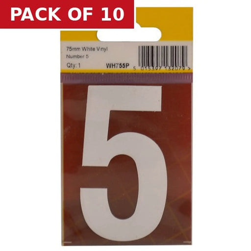 75mm White Helvetica Bold Condensed Style Vinyl Number 5 - Pack of 10