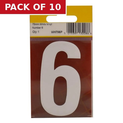 75mm White Helvetica Bold Condensed Style Vinyl Number 6 - Pack of 10