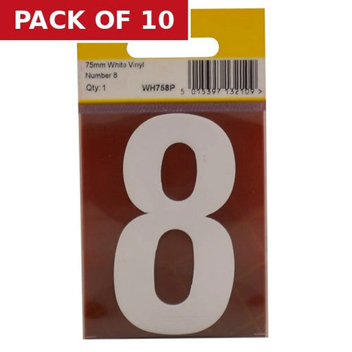 75mm White Helvetica Bold Condensed Style Vinyl Number 8 - Pack of 10