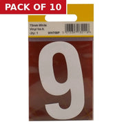 75mm White Helvetica Bold Condensed Style Vinyl Number 9 - Pack of 10