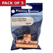 22mm Solder Ring Copper Equal Tee - Pack of 5