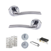 Atlantic Eco Swell Door Handle Pack (Bathroom Set - 3" CE Bathroom Lock, 4" Slim Knuckle Hinges x2) - Satin Chrome/Polished Chrome
