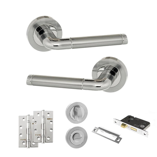 Atlantic Eco Ocean Door Handle Pack (Bathroom Set - 3" CE Bathroom Lock, 4" Slim Knuckle Hinges x2) - Satin Chrome/Polished Chrome