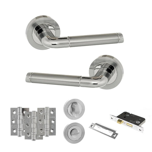 Atlantic Eco Ocean Door Handle Pack (Bathroom Set - 2.5" CE Bathroom Lock, 3" Fire Rated Hinges x3) - Satin Chrome/Polished Chrome