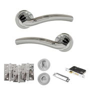 Atlantic Eco Crest Door Handle Pack (Bathroom Set - 2.5" CE Bathroom Lock, 4" Fire Rated Hinges x3) - Satin Chrome/Polished Chrome