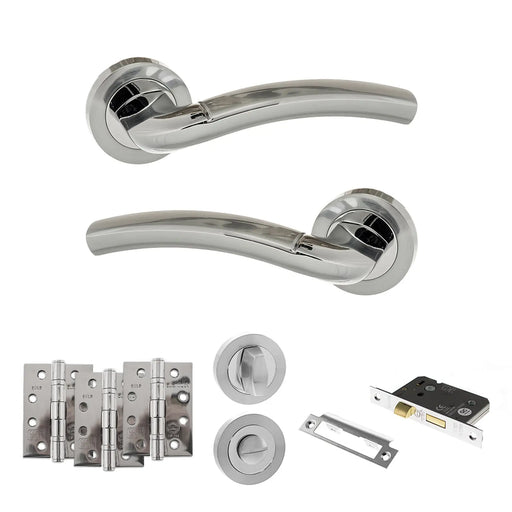 Atlantic Eco Crest Door Handle Pack (Bathroom Set - 2.5" CE Bathroom Lock, 4" Fire Rated Hinges x3) - Satin Chrome/Polished Chrome