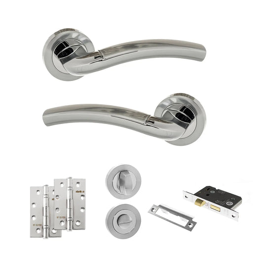 Atlantic Eco Crest Door Handle Pack (Bathroom Set - 2.5" CE Bathroom Lock, 4" Slim Knuckle Hinges x2) - Satin Chrome/Polished Chrome