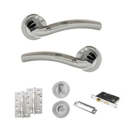 Atlantic Eco Crest Door Handle Pack (Bathroom Set - 3" CE Bathroom Lock, 4" Slim Knuckle Hinges x2) - Satin Chrome/Polished Chrome