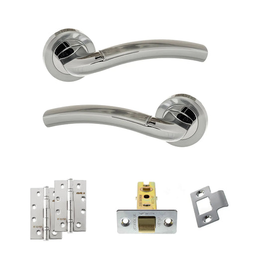 Atlantic Eco Crest Door Handle Pack (Latch Set - 3" CE Latch, 4" Slim Knuckle Hinges x2) - Satin Chrome/Polished Chrome