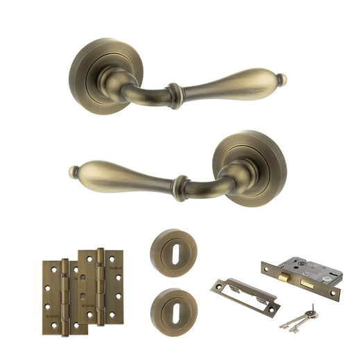 Atlantic Old English Wrexham Door Handle Pack (3 Lever Lock Set - 3" CE Sashlock, 4" Slim Knuckle Hinges x2) - Matt Antique Brass