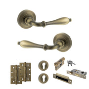 Atlantic Old English Wrexham Door Handle Pack (Euro Lock Set - 2.5" CE Sashlock, 4" Slim Knuckle Hinges x2) - Matt Antique Brass