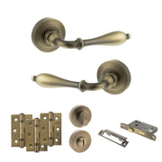 Atlantic Old English Wrexham Door Handle Pack (Bathroom Set - 2.5" CE Bathroom Lock, 3" Fire Rated Hinges x3) - Matt Antique Brass