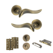 Atlantic Old English Oxford Door Handle Pack (Bathroom Set - 3" CE Bathroom Lock, 4" Slim Knuckle Hinges x2) - Matt Antique Brass