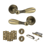 Atlantic Old English Cambridge Door Handle Pack (3 Lever Lock Set - 3" CE Sashlock, 3" Fire Rated Hinges x3) - Matt Antique Brass