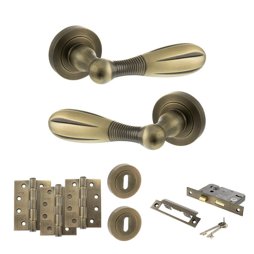Atlantic Old English Cambridge Door Handle Pack (3 Lever Lock Set - 2.5" CE Sashlock, 4" Fire Rated Hinges x3) - Matt Antique Brass