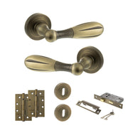 Atlantic Old English Cambridge Door Handle Pack (3 Lever Lock Set - 2.5" CE Sashlock, 4" Slim Knuckle Hinges x2) - Matt Antique Brass