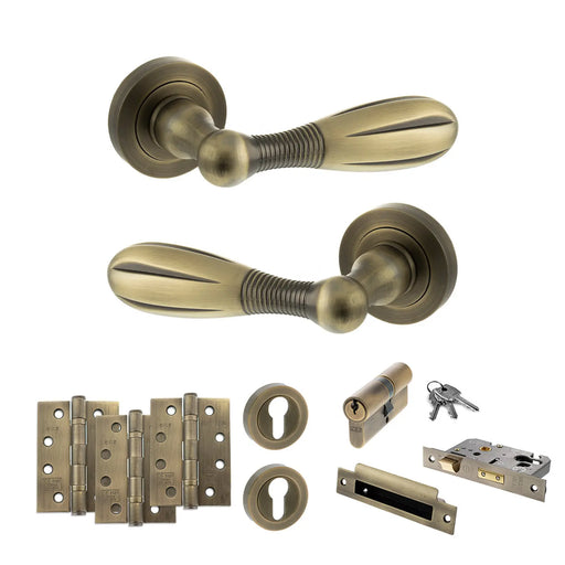 Atlantic Old English Cambridge Door Handle Pack (Euro Lock Set - 3" CE Sashlock, 4" Fire Rated Hinges x3) - Matt Antique Brass