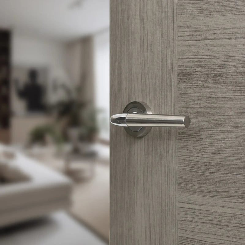 Atlantic Mediterranean Toulon Lever Door Handle on Round Rose - Satin Nickel/Polished Chrome