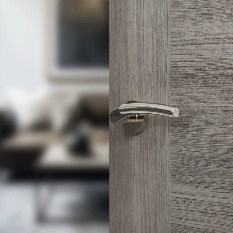 Atlantic Mediterranean Messina Lever Door Handle on Round Rose - Satin Nickel/Polished Nickel