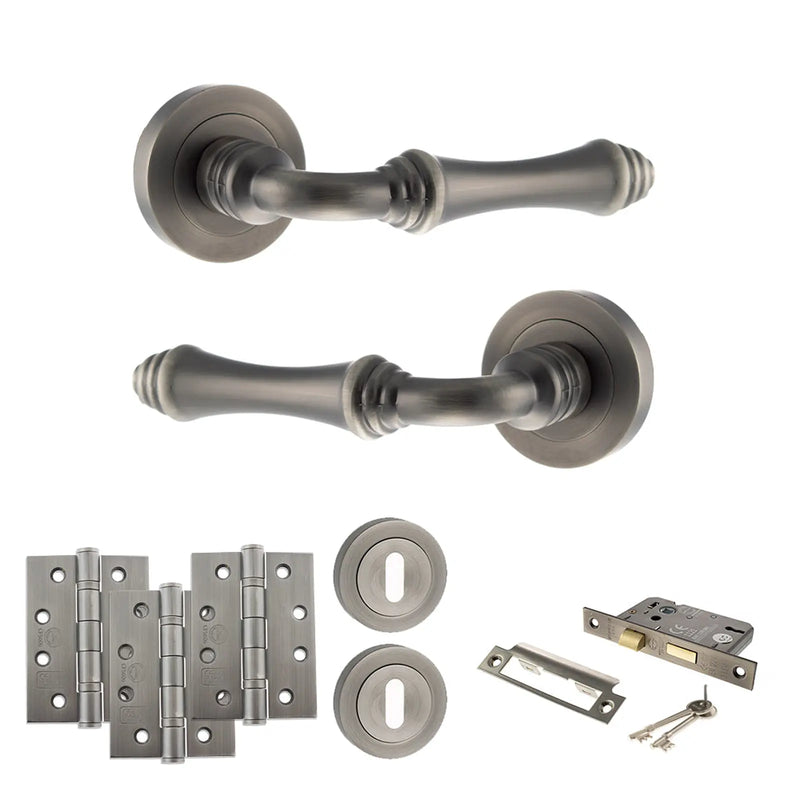 Atlantic Old English Durham Door Handle Pack (3 Lever Lock Set - 3" CE Sashlock, 4" Fire Rated Hinges x3)