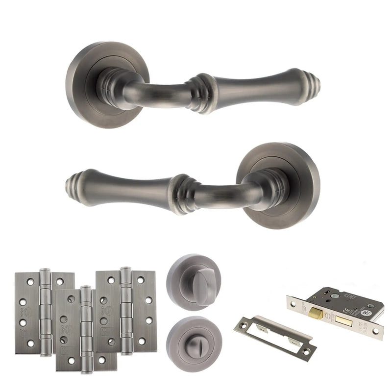 Atlantic Old English Durham Door Handle Pack (Bathroom Set - 2.5" CE Bathroom Lock, 4" Fire Rated Hinges x3)