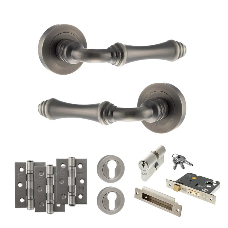 Atlantic Old English Durham Door Handle Pack (Euro Lock Set - 3" CE Sashlock, 3" Fire Rated Hinges x3)