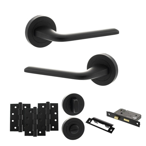 Atlantic Eco Surf Door Handle Pack (Bathroom Set - 2.5" CE Bathroom Lock, 4" Fire Rated Hinges x3)