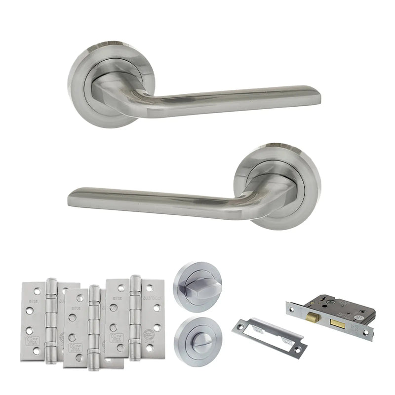 Atlantic Eco Surf Door Handle Pack (Bathroom Set - 2.5" CE Bathroom Lock, 4" Fire Rated Hinges x3)