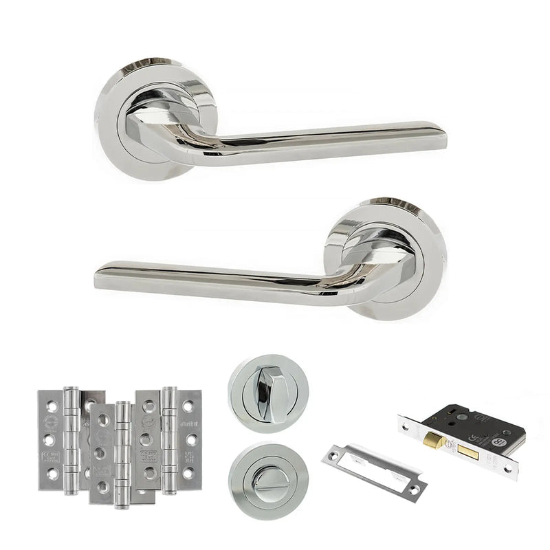 Atlantic Eco Surf Door Handle Pack (Bathroom Set - 3" CE Bathroom Lock, 3" Fire Rated Hinges x3)
